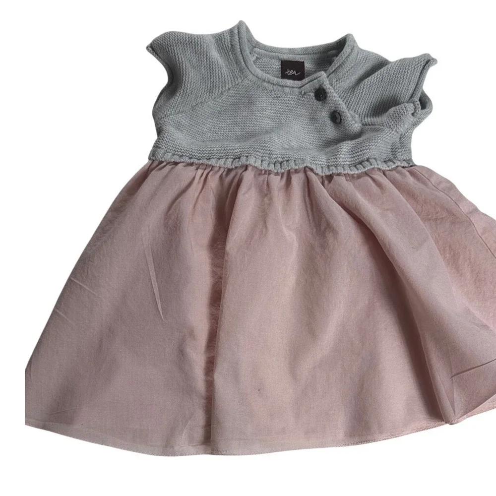 Tea Collection Baby Girl Mixed Media Knit‎ Dress Grey Pink 12-18 Months Cotton